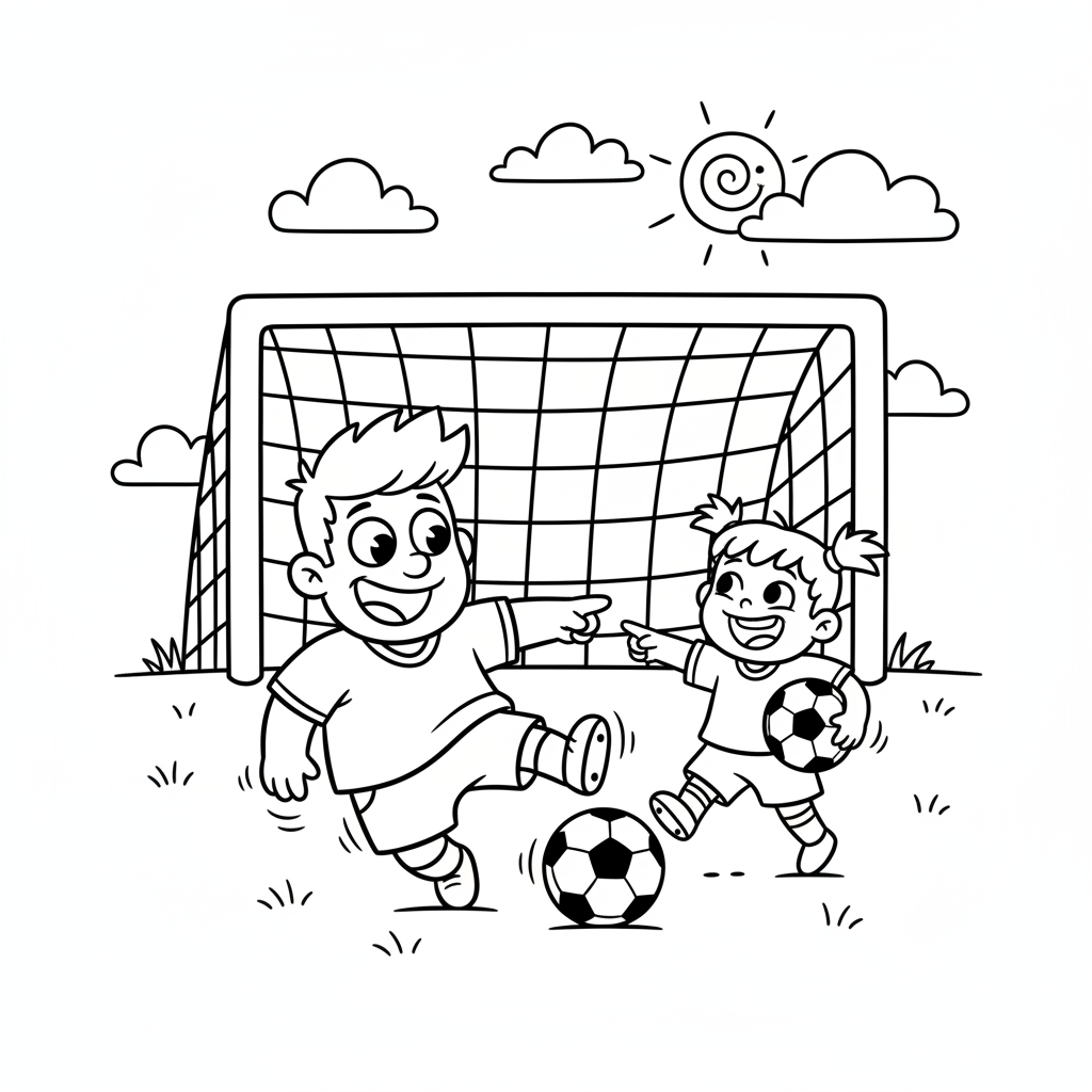 Tata i dziecko grający w piłkę nożną na boisku, z bramką w tle, kolorowanka dla dzieci, czarne kontury, białe tło.
