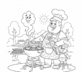 Tata grillujący z dzieckiem na podwórku, z grillem i jedzeniem, kolorowanka dla dzieci, czarne kontury, białe tło.