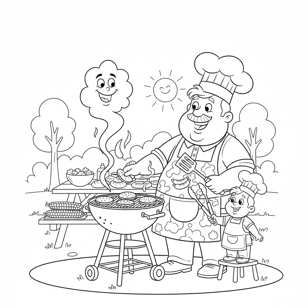 Tata grillujący z dzieckiem na podwórku, z grillem i jedzeniem, kolorowanka dla dzieci, czarne kontury, białe tło.