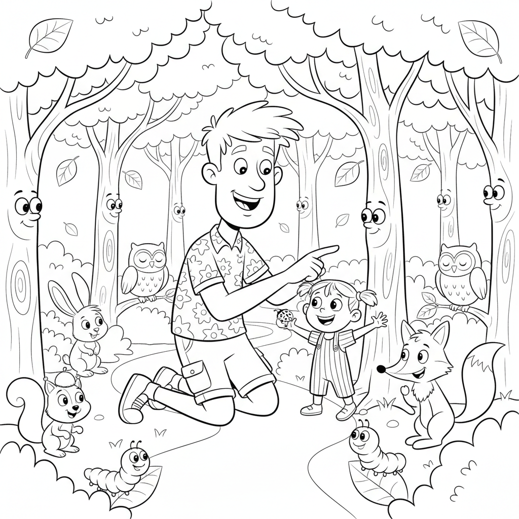 Tata i dziecko odkrywający leśną ścieżkę, oglądający drzewa i zwierzęta, kolorowanka dla dzieci, czarne kontury, ...