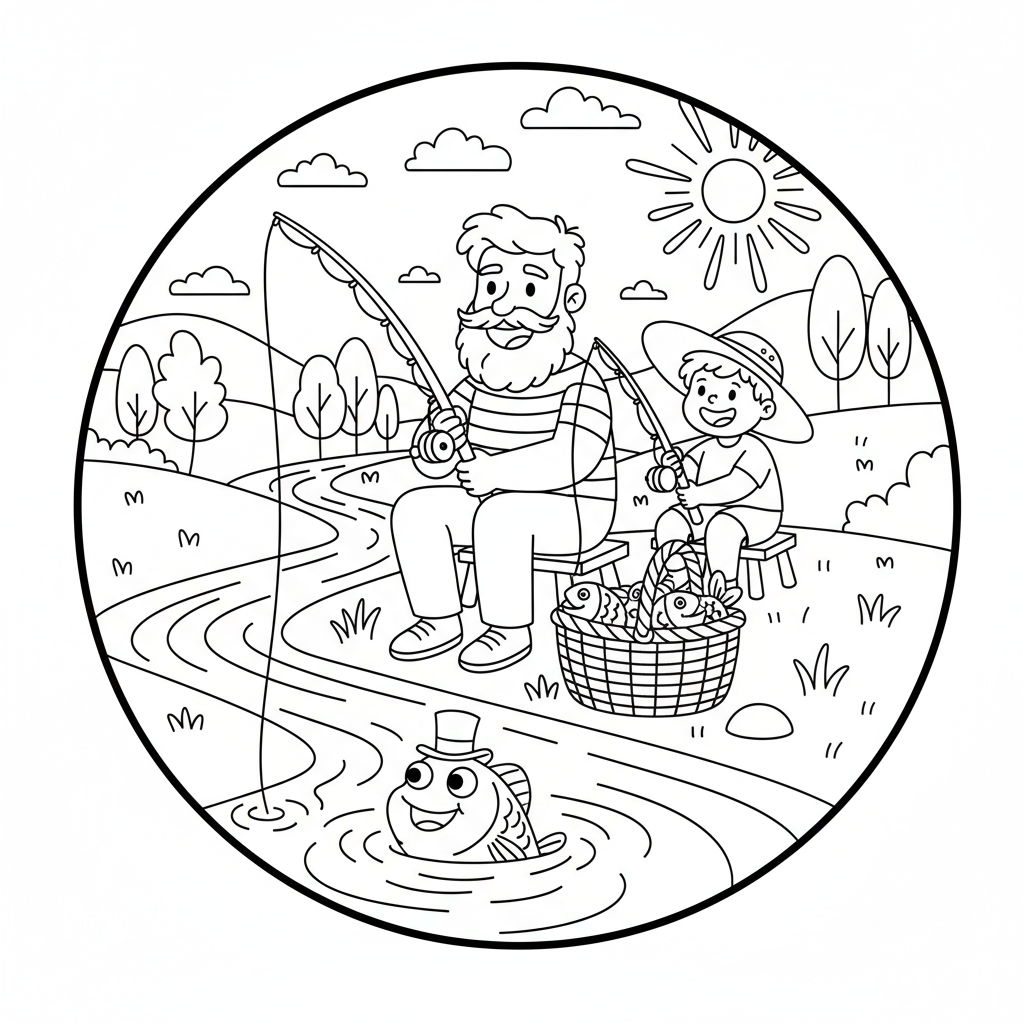 Tata i dziecko łowiący ryby nad spokojną rzeką, z wędkami i koszykiem, kolorowanka dla dzieci, czarne kontury, białe...