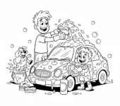 Tata i dziecko myjący razem samochód, z mydłem i bańkami, kolorowanka dla dzieci, czarne kontury, białe tło.