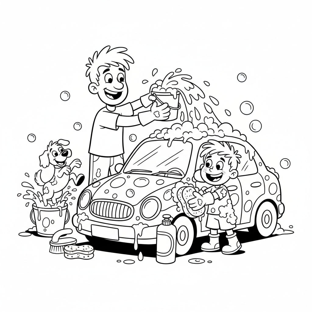 Tata i dziecko myjący razem samochód, z mydłem i bańkami, kolorowanka dla dzieci, czarne kontury, białe tło.