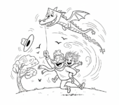 Tata i dziecko puszczający latawiec razem w wietrzny dzień, kolorowanka dla dzieci, czarne kontury, białe tło.