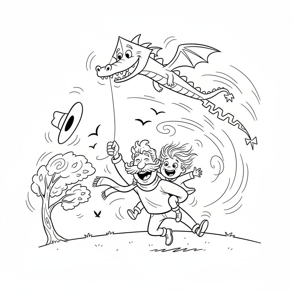 Tata i dziecko puszczający latawiec razem w wietrzny dzień, kolorowanka dla dzieci, czarne kontury, białe tło.