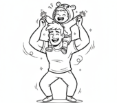 Tata niosący dziecko na ramionach, z dzieckiem śmiejącym się radośnie, kolorowanka dla dzieci, czarne kontury, białe...