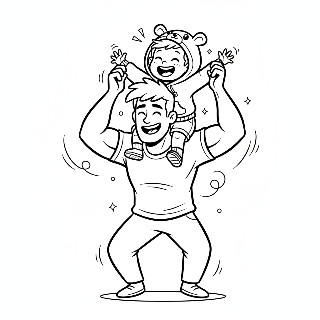 Tata niosący dziecko na ramionach, z dzieckiem śmiejącym się radośnie, kolorowanka dla dzieci, czarne kontury, białe...