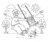 Tata pchający dziecko na huśtawce w słonecznym parku, kolorowanka dla dzieci, czarne kontury, białe tło.