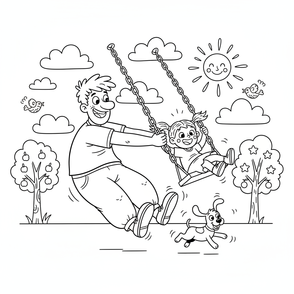 Tata pchający dziecko na huśtawce w słonecznym parku, kolorowanka dla dzieci, czarne kontury, białe tło.
