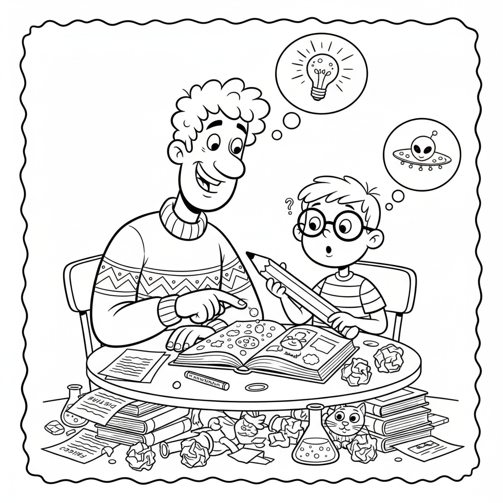 Tata pomagający dziecku w odrabianiu lekcji, cierpliwie wyjaśniający zadanie, kolorowanka dla dzieci, czarne kontury, b...
