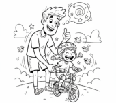 Tata uczący dziecko jeździć na rowerze, z zachętą i cierpliwością, kolorowanka dla dzieci, czarne kontury, białe t...