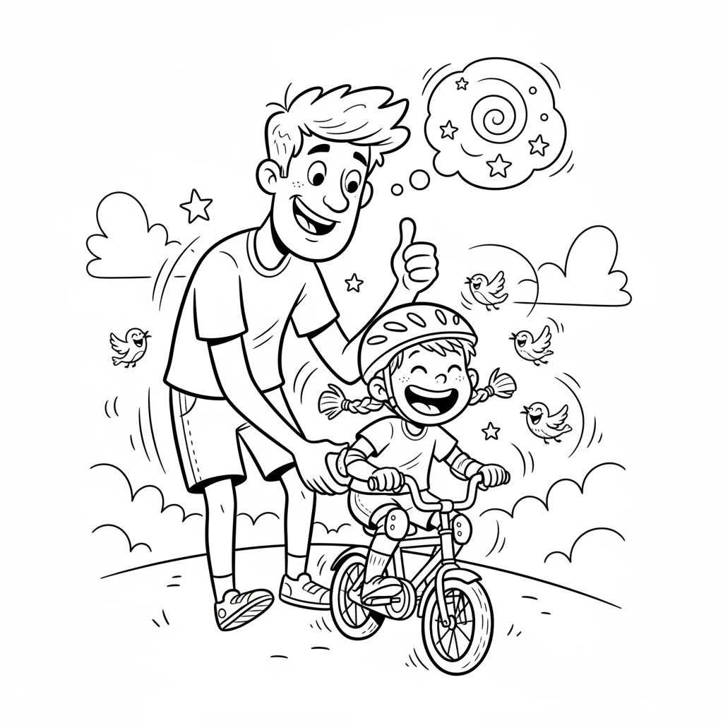Tata uczący dziecko jeździć na rowerze, z zachętą i cierpliwością, kolorowanka dla dzieci, czarne kontury, białe t...
