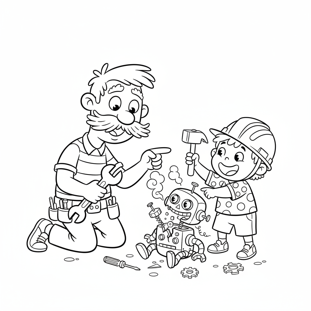 Tata uczący dziecko, jak coś naprawić za pomocą narzędzi, kolorowanka dla dzieci, czarne kontury, białe tło.