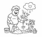 Tata uczący dziecko, jak sadzić drzewo, z łopatami i sadzonką, kolorowanka dla dzieci, czarne kontury, białe tło.