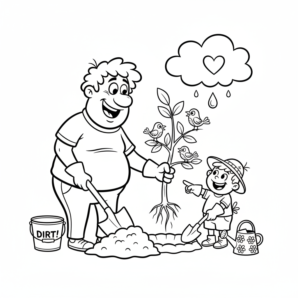 Tata uczący dziecko, jak sadzić drzewo, z łopatami i sadzonką, kolorowanka dla dzieci, czarne kontury, białe tło.