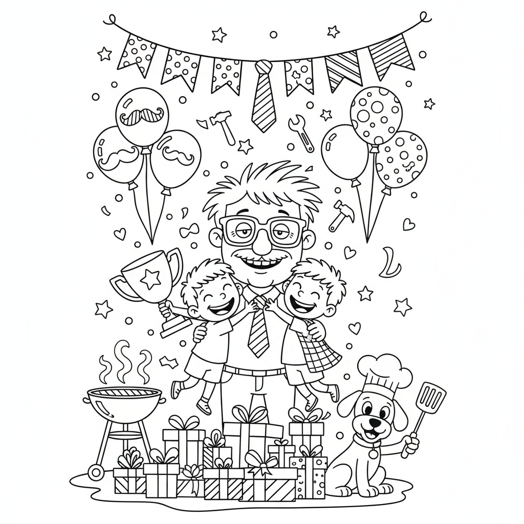 Transparent "Wesołego Dnia Ojca" z balonami i konfetti, kolorowanka dla dzieci, czarne kontury, białe tło.