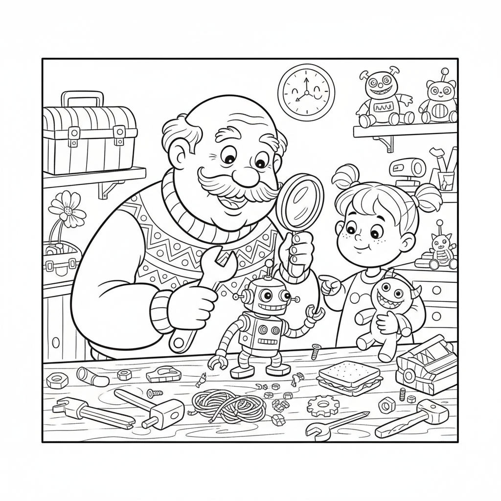 Dziadek naprawiający zabawkę dla wnuka, z narzędziami i stołem warsztatowym, black outline, white background, suitable...
