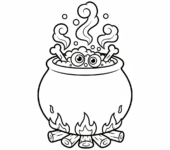 Bulgoczący kocioł z składnikami eliksiru (oczy, kości) i unoszącym się dymem, kolorowanka dla dzieci, czarne kontury...