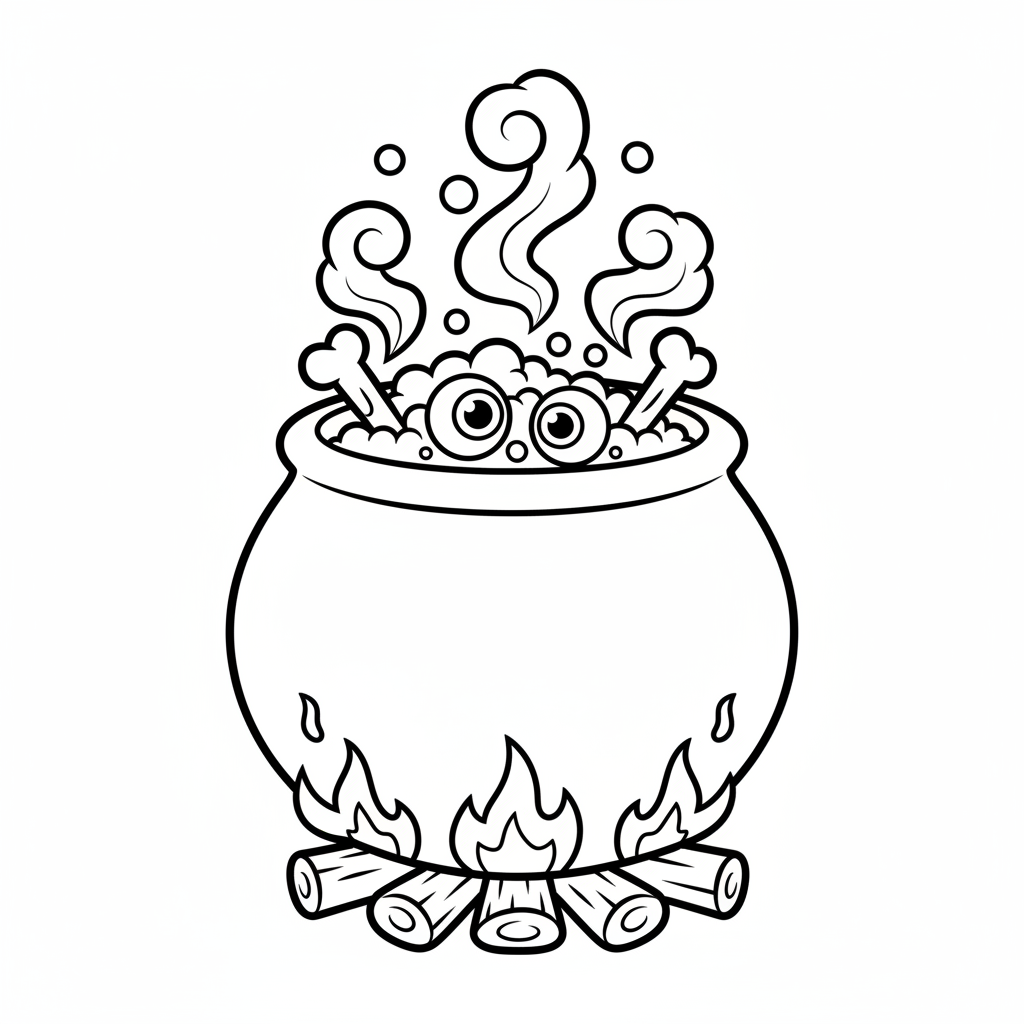 Bulgoczący kocioł z składnikami eliksiru (oczy, kości) i unoszącym się dymem, kolorowanka dla dzieci, czarne kontury...