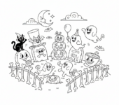 Fantazyjna scena cmentarza z zabawnymi nagrobkami i przyjaznymi duchami wyskakującymi z grobów, kolorowanka dla dzieci, ...