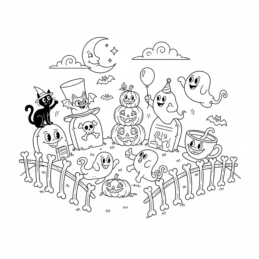 Fantazyjna scena cmentarza z zabawnymi nagrobkami i przyjaznymi duchami wyskakującymi z grobów, kolorowanka dla dzieci, ...