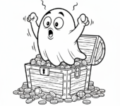 Duch wyłaniający się ze skrzyni, z zaskoczoną miną, kolorowanka dla dzieci, czarne kontury, białe tło.