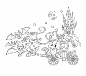 Dyniowa kareta ciągnięta przez nietoperze, zmierzająca w kierunku zamku, kolorowanka dla dzieci, czarne kontury, białe...