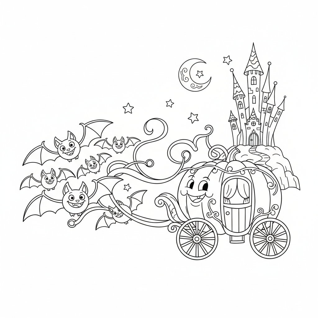 Dyniowa kareta ciągnięta przez nietoperze, zmierzająca w kierunku zamku, kolorowanka dla dzieci, czarne kontury, białe...