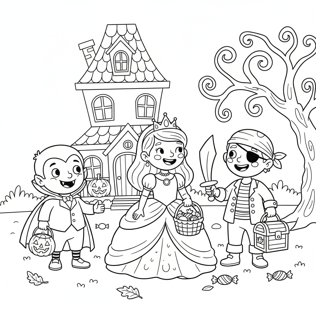 Dzieci w różnych kostiumach Halloween (wampir, księżniczka, pirat) zbierające cukierki, kolorowanka dla dzieci, czarn...