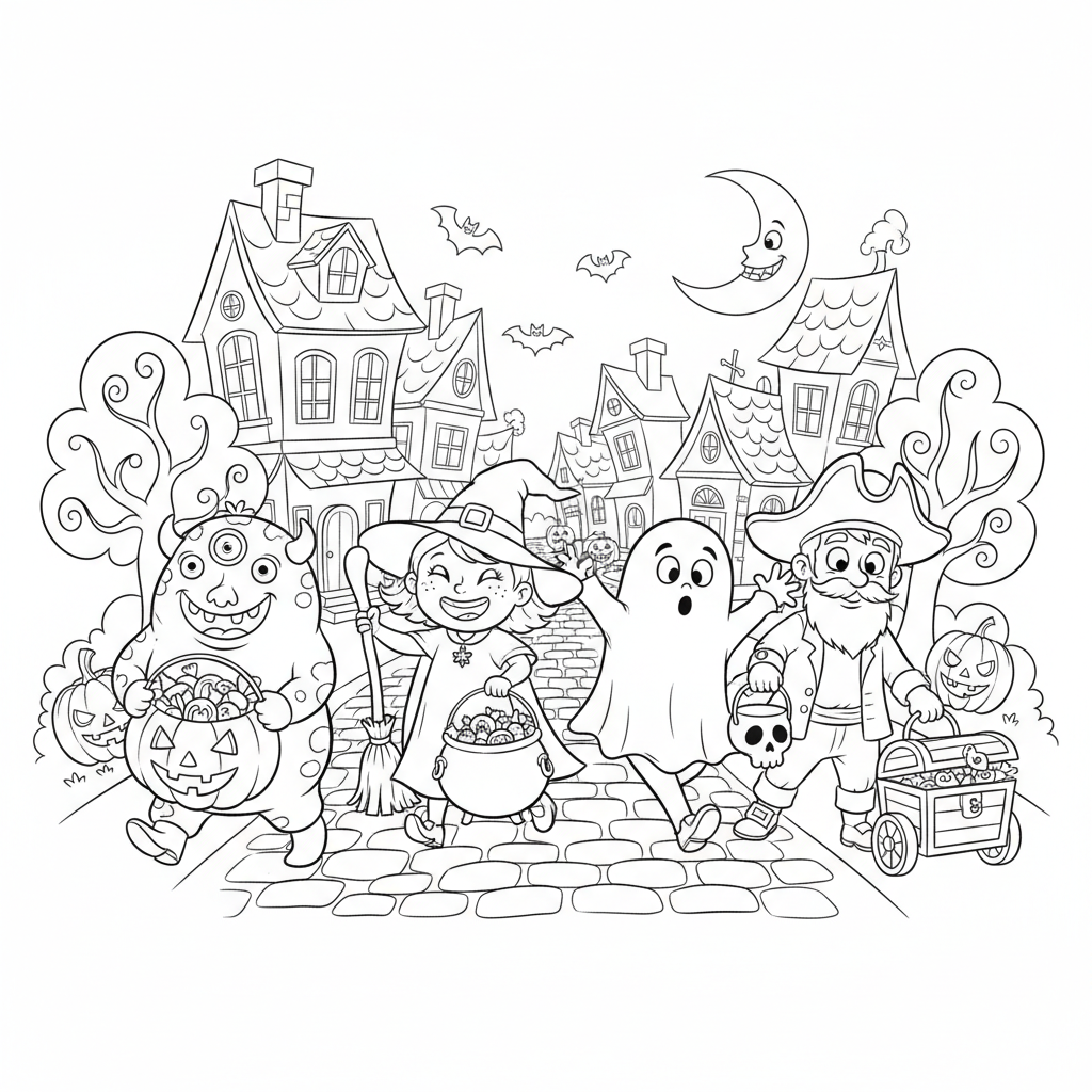 Grupa szczęśliwych dzieci zbierających cukierki, idących ulicą, niosących wiadra na słodycze, kolorowanka dla dziec...