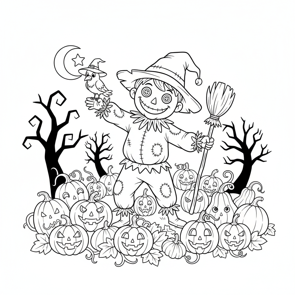 Dziecko przebrane za strasznego stracha na wróble w dyniowym polu, kolorowanka dla dzieci, czarne kontury, białe tło.