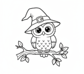 Mała sowa siedząca na gałęzi, w maleńkim kapeluszu wiedźmy, kolorowanka dla dzieci, czarne kontury, białe tło.