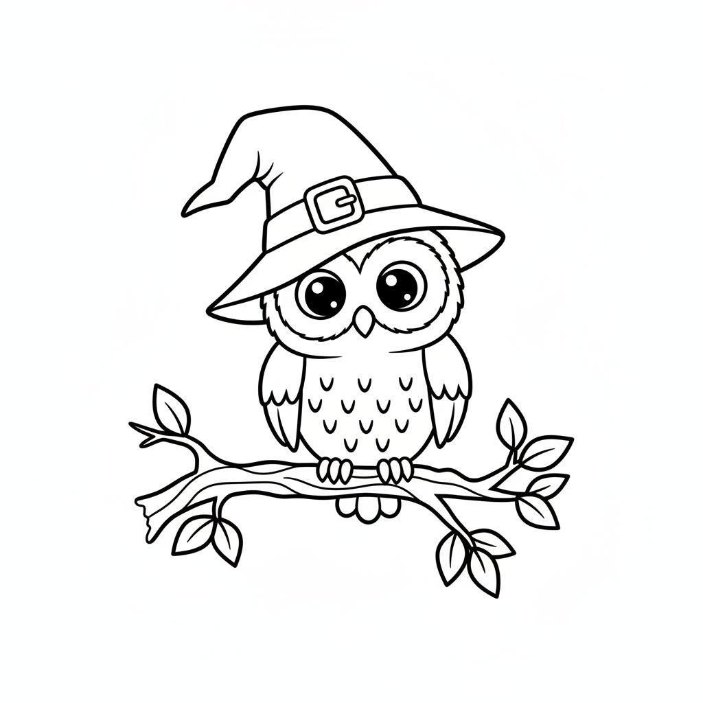 Mała sowa siedząca na gałęzi, w maleńkim kapeluszu wiedźmy, kolorowanka dla dzieci, czarne kontury, białe tło.