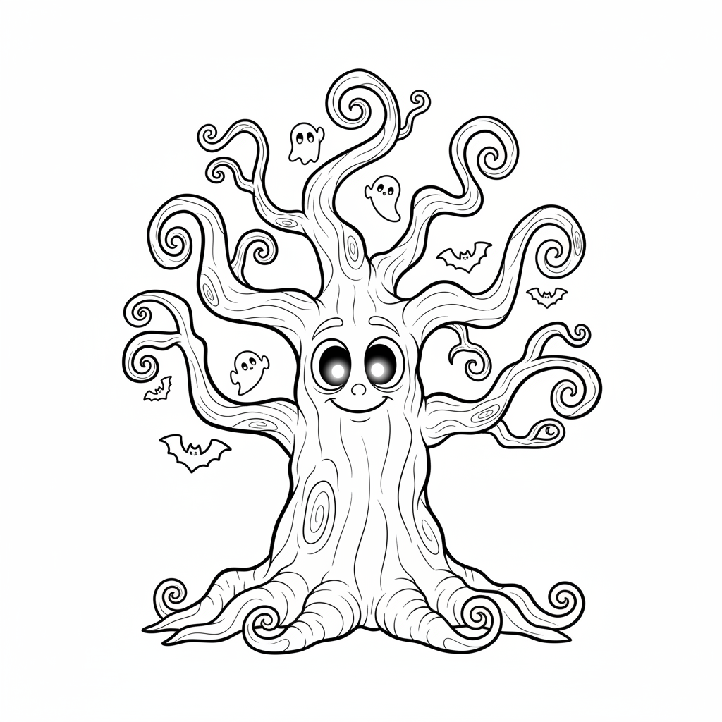 Nawiedzone drzewo ze świecącymi oczami i strasznymi gałęziami, kolorowanka dla dzieci, czarne kontury, białe tło.