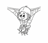 Straszny pająk zwisający ze swojej pajęczyny, z zaskoczoną muchą w pułapce, kolorowanka dla dzieci, czarne kontury, ...