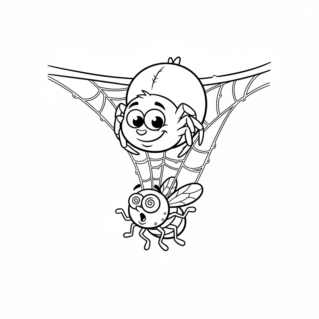 Straszny pająk zwisający ze swojej pajęczyny, z zaskoczoną muchą w pułapce, kolorowanka dla dzieci, czarne kontury, ...