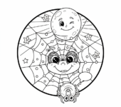 Pajęczyna z kroplami rosy, błyszcząca pod księżycowym niebem, kolorowanka dla dzieci, czarne kontury, białe tło.