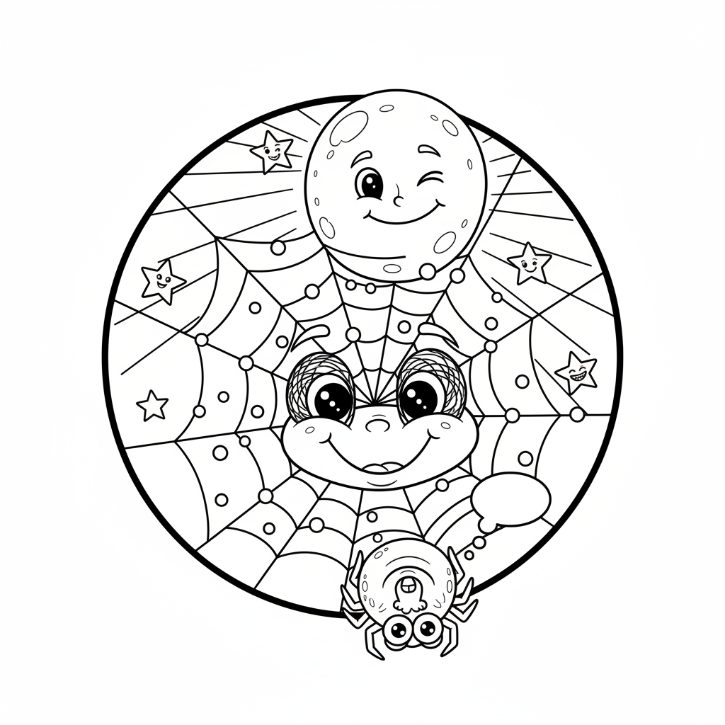 Pajęczyna z kroplami rosy, błyszcząca pod księżycowym niebem, kolorowanka dla dzieci, czarne kontury, białe tło.