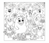 Grupa potworów (przyjaznych, takich jak Blob, Śmieszny potwór) bawiących się na imprezie Halloween, kolorowanka dla d...