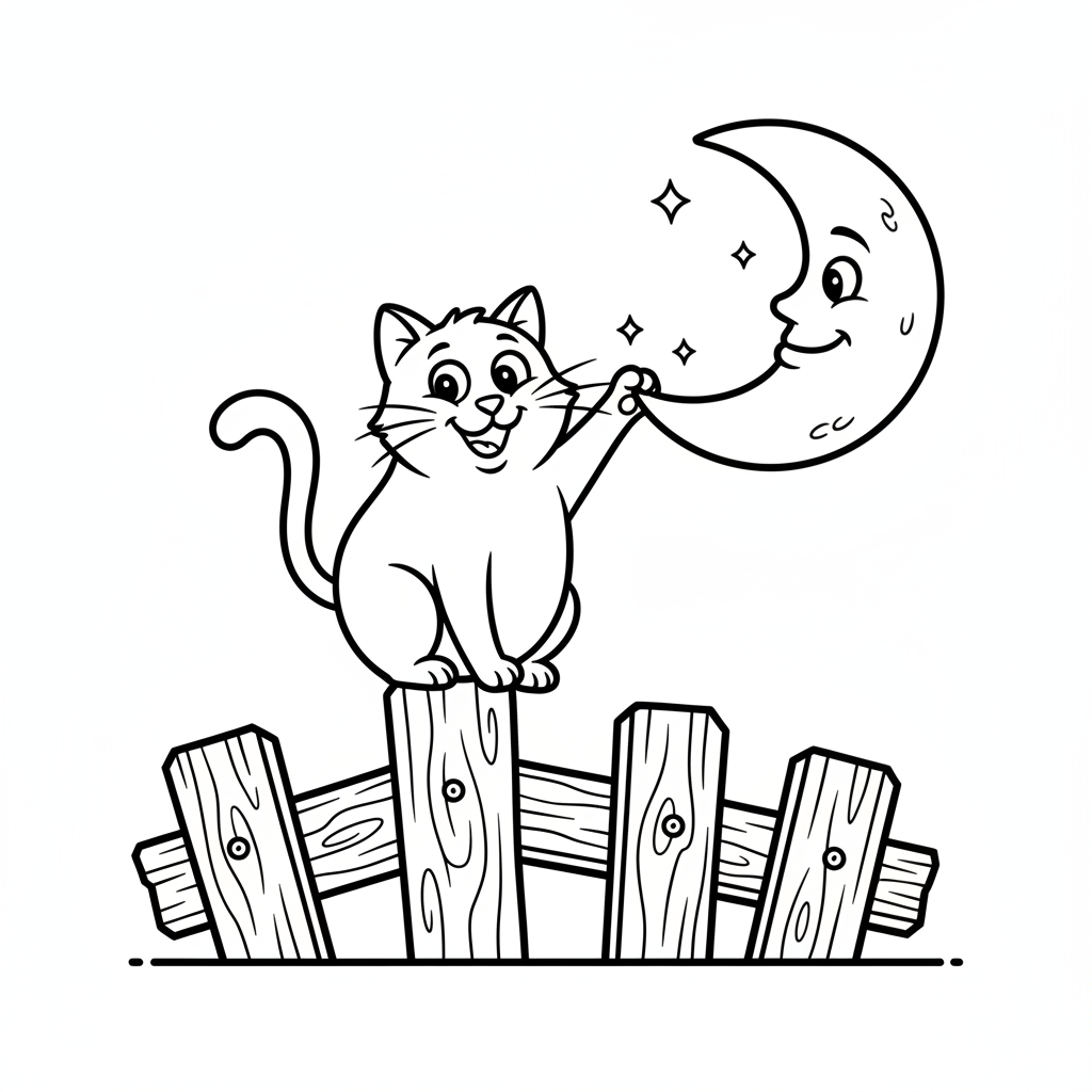 Przyjazny czarny kot siedzący na płocie, z półksiężycem w tle, kolorowanka dla dzieci, czarne kontury, białe tło.