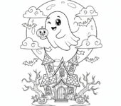 Przyjazny duch latający nad strasznym nawiedzonym domem, z nietoperzami i pełnią księżyca, kolorowanka dla dzieci, cz...