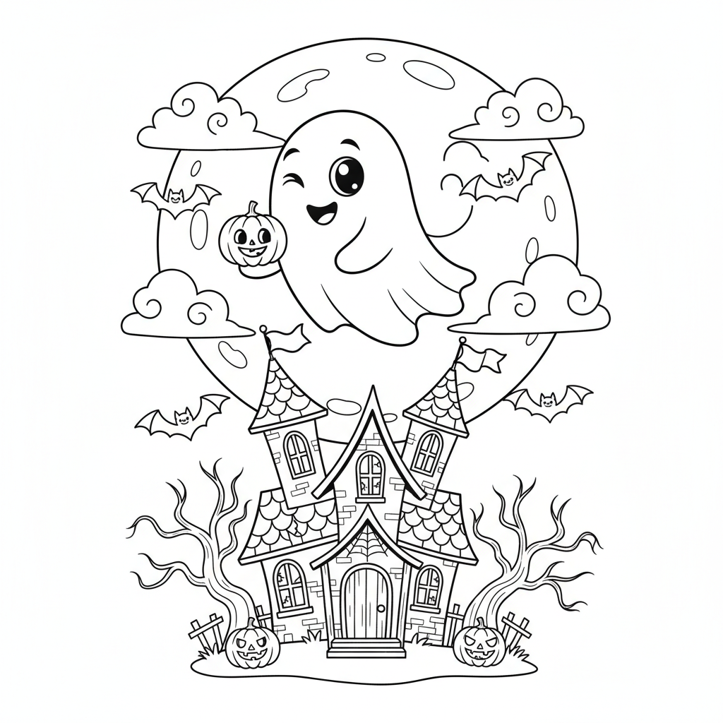 Przyjazny duch latający nad strasznym nawiedzonym domem, z nietoperzami i pełnią księżyca, kolorowanka dla dzieci, cz...
