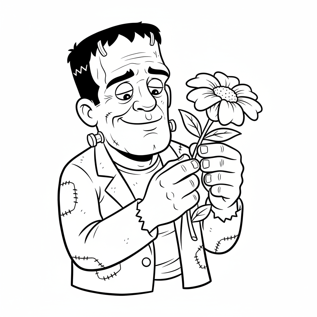 Przyjazny potwór Frankensteina trzymający kwiat, próbujący być delikatny, kolorowanka dla dzieci, czarne kontury, bia...