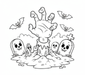 Ręka zombie wyciągająca się z ziemi na cmentarzu, kolorowanka dla dzieci, czarne kontury, białe tło.