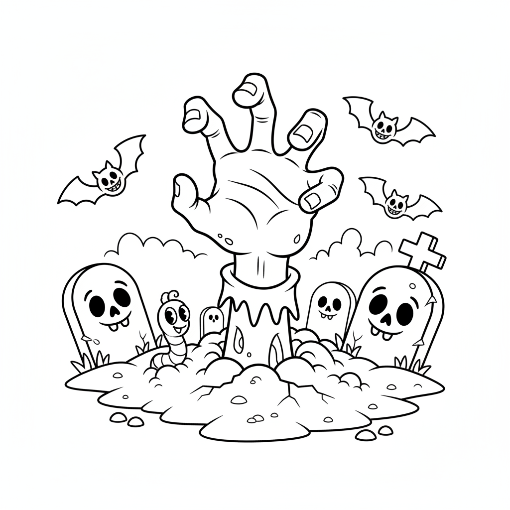 Ręka zombie wyciągająca się z ziemi na cmentarzu, kolorowanka dla dzieci, czarne kontury, białe tło.