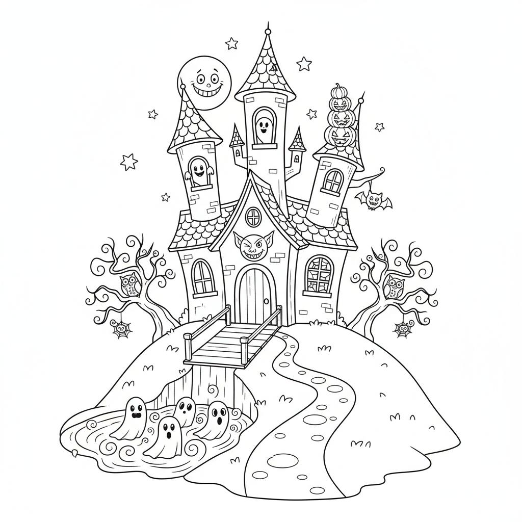 Straszny nawiedzony zamek na wzgórzu, z mostem zwodzonym i wieżami, kolorowanka dla dzieci, czarne kontury, białe tło.