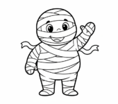 Urocza mumia owinięta bandażami, machająca na powitanie, kolorowanka dla dzieci, czarne kontury, białe tło.