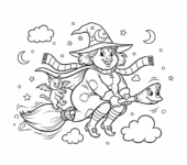 Urocza wiedźma lecąca na miotle, w spiczastym kapeluszu i z radosnym uśmiechem, kolorowanka dla dzieci, czarne kontury,...