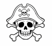 Szeroko uśmiechnięta czaszka w pirackim kapeluszu, ze skrzyżowanymi kośćmi, kolorowanka dla dzieci, czarne kontury, b...