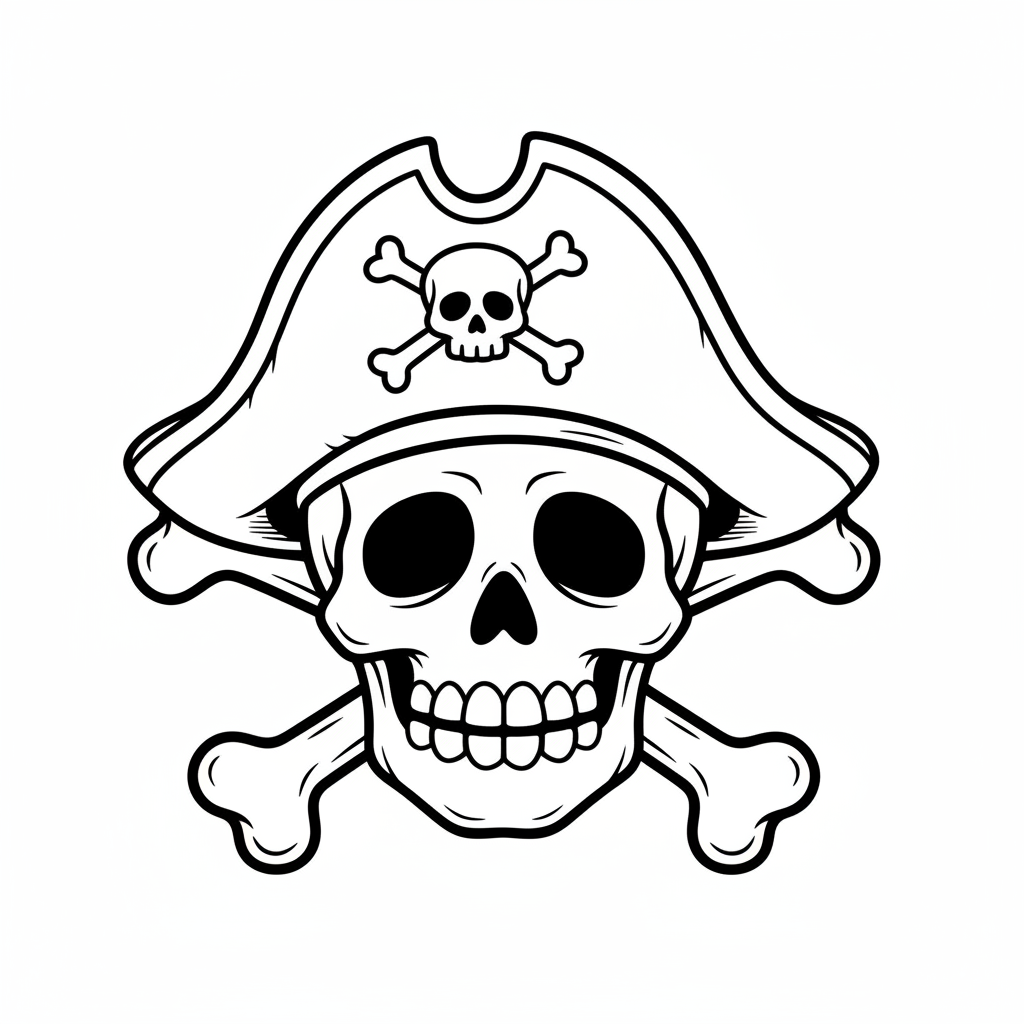 Szeroko uśmiechnięta czaszka w pirackim kapeluszu, ze skrzyżowanymi kośćmi, kolorowanka dla dzieci, czarne kontury, b...